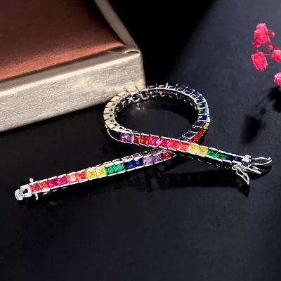 Boho Multicolor CZ Square Bracelet Bangle Silver Plated Women Charms Jewelry • $10.32