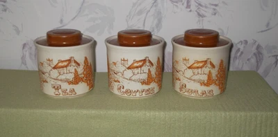 £10 • Buy Set Of Three Vintage Ceramic Storage Jars - Tea, Coffee & Sugar - Cottage Scene