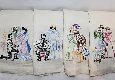 Vtg Embroidered Wedding Dish Tea Towels Victorian Couple Love Marriage Set Of 4 • $48