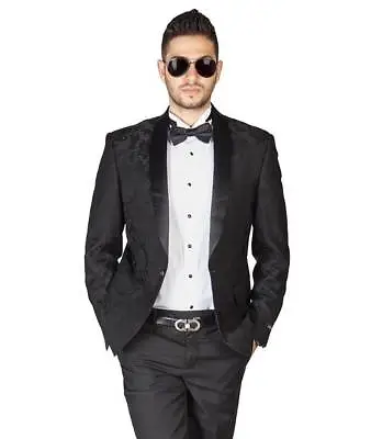  Black Floral Shawl Satin Lapel Jacket Only Tuxedo Slim Fit 1 Button Blazer AZAR • $119