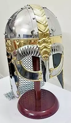 Medieval Armor Viking Mask Helmet With Chainmail With Wooden Stand X-mas Gift • $115.99