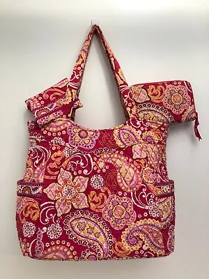 3 PC Vera Bradley Raspberry Fizz Pleated Tote + Wristlet Wallet + Coin VGUC • $27.99