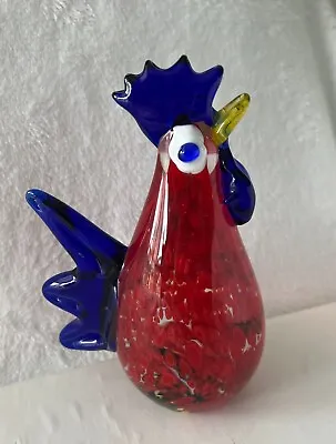 Murano Rooster Italy Colorful Hand Blown Glass Red Blue 6-1/2  Farm Figurine • $17.29