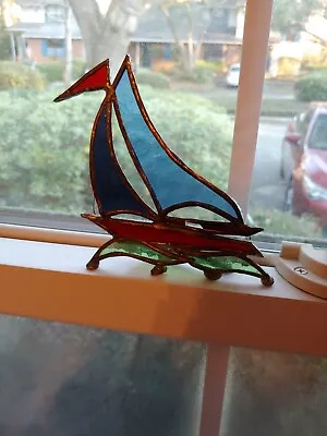 Totally Vintage Lead Stained Glass Sail Boat 5 × 5  Primary Color Stand Up As Is • $19