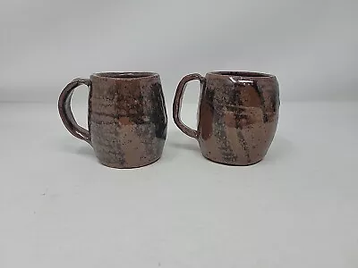 Pair Marie Rogers Rust Red Brown Pottery Primitive Mugs Signed  • $75