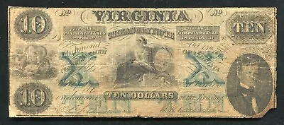 1862 $10 Virginia Treasury Note Richmond Va Obsolete “j Green & Sons Watermark” • $99.95