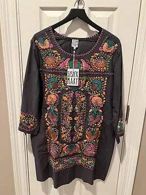 NWT New Sister Mary Embroidered Floral Charcoal Gray Mexican Dress Tunic Large • $99.99