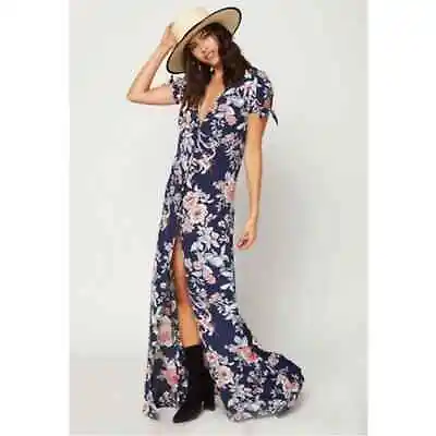 Flynn Skye Navy Floral Maxi Dress Front Thigh High Slit Size Medium Boho • $39.95
