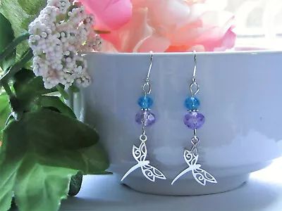 Purple & Blue Glass Stainless Steel Dragonfly Charm Silver Dangle Earrings • $13.49