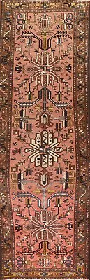 Vintage Geomettric Heriz Tribal Rug Runner 3' 5  X 12' 4  Handmade Pink Wool Rug • $906.36