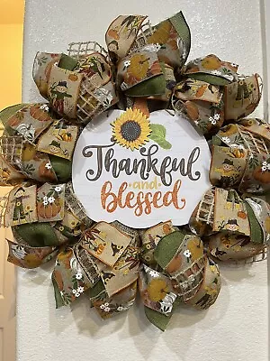 Farmhouse THANKFUL & BLESSED 🍁🌻 BURLAP Deco Mesh WREATH Fall HARVEST 22  X 22  • $58.61