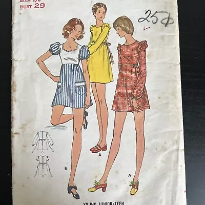 Vintage 1960s Butterick 6642 Ruffle Cottagecore Dress Sewing Pattern 7/8 XXS CUT • $12