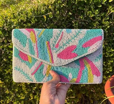$61.31 • Buy New Staud Women Love Pink Beaded Bean Mosaic Stripe Shoulder Clutch Purse Bag