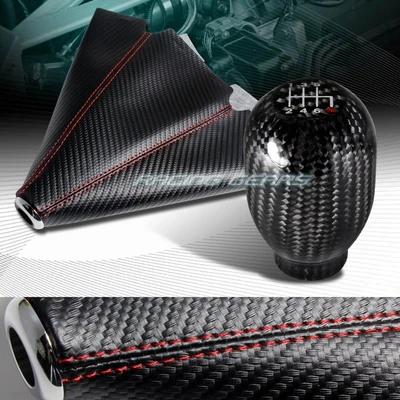 $26.95 • Buy Carbon Look Pvc Manual Red Stitch Shift Boot+real Carbon 6-speed Shifter Knob