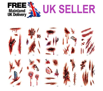 10 Sheets Halloween Fake Scar Blood Temporary Tattoos Stickers Face Body Makeup • £3.59