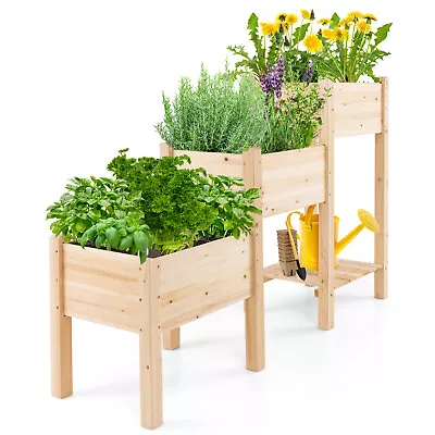 3-Tier Wooden Garden Bed Elevated Planter W/ 3 Planter Boxes Open Storage Shelf • $109.98