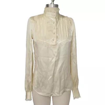 Gunne Sax Vintage 70s Ivory Ruffle High Neck Blouse Top Size 5 XS Lace Victorian • £38.91