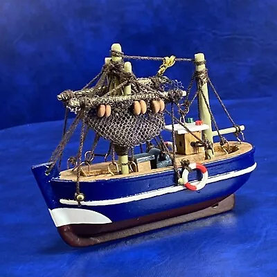 Mini Painted Wood Model Fishing Boat Ornament Nets Nautical Ocean Life Ring 4  • $12.01