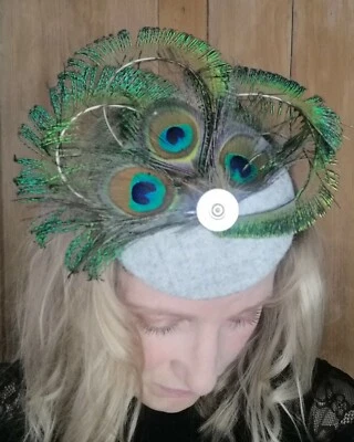£25 • Buy Grey Wool Felt Peacock Feather Fascinator Pillbox Hat Races Wedding