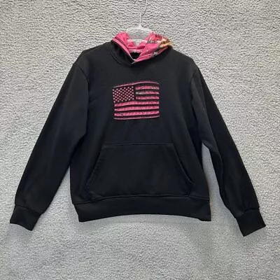 Mossy Oak Hoodie Women Size Large Black & Pink Flag Fleece Sweatshirt Outdoor • $11.38