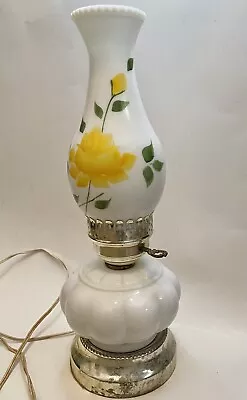 Vintage Floral Yellow Rose Hurricane Hobnail White Milk Glass Electric Lamp • $100