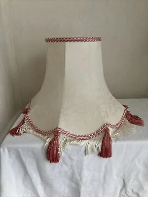 Cream Damask Fabric With Pink Trim&tassells Bell Shape Lamp Shade 11  High Used • £19.99