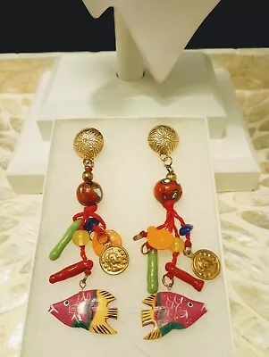 Vintage Earrings Long 80's RETRO Hand Painted FISH Dangling CHARMS Fun STATEMENT • $22.77