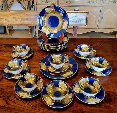 Spode Chinoiserie Cobalt Gold Encrusted Tea Cup Saucer Trio Dessert 8 Set Lotus • £1489.70