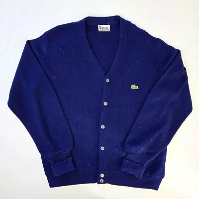 Vintage 60s Izod Lacoste Alligator Cardigan Sweater Royal/Navy Blue Men's L USA • $39.97