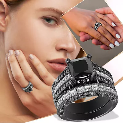 2 In 1 Womens Vintage Black Ring Diamond Engagement Wedding Band Ring Set • $9.36