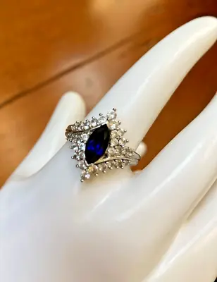 Sterling Silver Cocktail Ring Sapphire Marquise Cut 925 Ring Sz 8 • $106.24