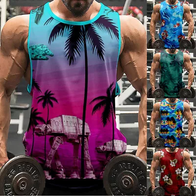 Mens Hawaiian Vest Top Printed Hawaii Mesh Net Shirt Stag Beach Party Holiday UK • £5.52