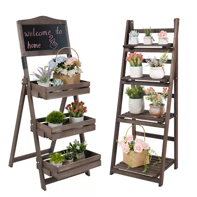 Rustic Wood Plant Stand Foldable Bookshelf Display Storage Corner Ladder Shelf  • $54.97