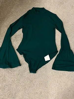 Mango Pop Green Bodysuit Size M Bell Sleeve High Neck Smooth Soft Classic NWT • $17.91