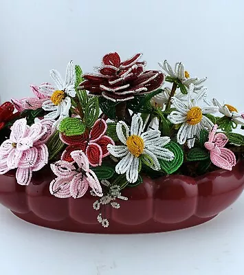 Vintage Beaded Flowers French Seed Bead Arrangement Floral Norton Pottery Vase • $78