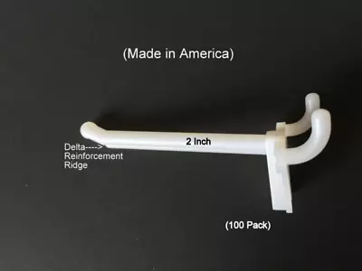 (100 PACK)  2 Inch White Plastic Peg Hooks For 1/8  To 1/4  Pegboard. USA Made • $17.58