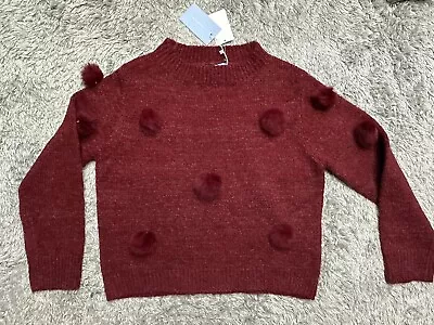 Michelle Nicole Rabbit Fur Pom Pom Long Sleeve Crewneck Sweater Wine Red Size M • $23.20