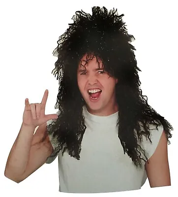 80s Mens Punk Heavy Metal Hip Hop Black Wig Rock Star Rocker Curly Party Costume • $12.20