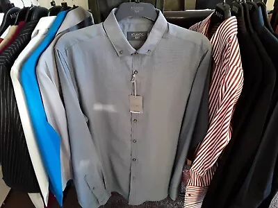 £11.99 • Buy Mens Long Sleeved Shirt Grey/Blue Narrow Stripe Button Collar New With Tags