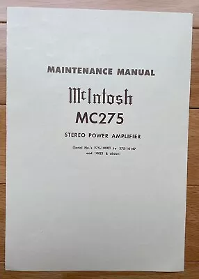 McIntosh MC-275 Power Amplifier - Maintenance Manual • $22