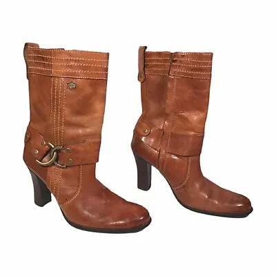 $39 • Buy Harley Davidson Brown Leather Zip High Heel Mid Calf Boots Size 6.5 Style 85052
