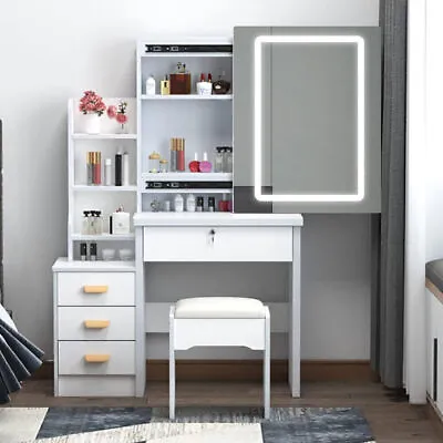 Dressing Table With Drawers Mirror Stool Set Makeup Desk Vanity Table Bedroom • £139.99