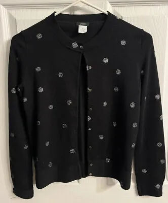 J. Crew Cardigan 100% Merino Wool Size XS Black W/ Silver Circles • $19.54