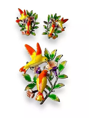 Vintage Canary Bird & Flower Enamel Statement Earrings & Brooch Signed M. Jent • $29.99