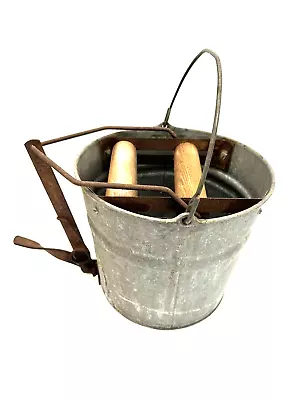 Vintage Working Wringer Mop Pail Galvanized Bucket W Wooden Rollers • $69.99