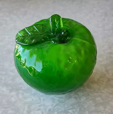 Vintage Murano Style Hand Blown Glass Fruit - Green Apple With Leaf • $7.80