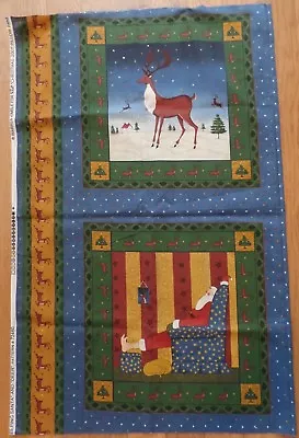 SLEEPING SANTA & REINDEER Christmas Fabric Panel 2001 • $4.50