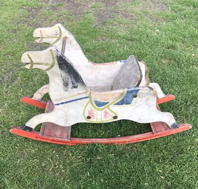 WOODEN ANTIQUE 19 C. CHILDS ROCKING HORSE CHAIR CUSHION FABRIC SEAT • $255