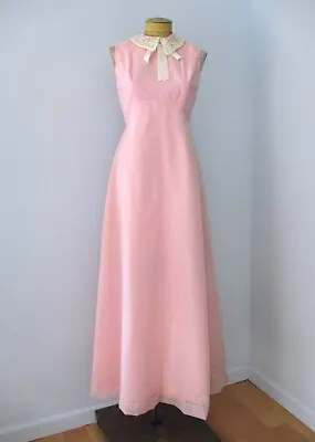 Vtg 60s 70s Pink Swiss Dot Chiffon Bridesmaid Prom Maxi Dress Lace Collar S • $65