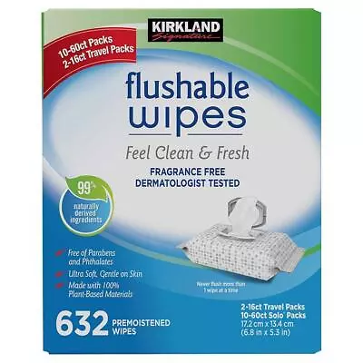 Newest Kirkland Signature Flushable Wipes 632 Wet Moist Vitamin E+Aloe Towele... • $52.99